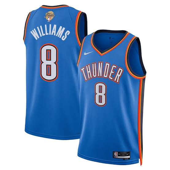 Jalen Williams Oklahoma City Thunder 2025 NBA Finals Patch Icon Edition Swingman Jersey in blue displayed front view